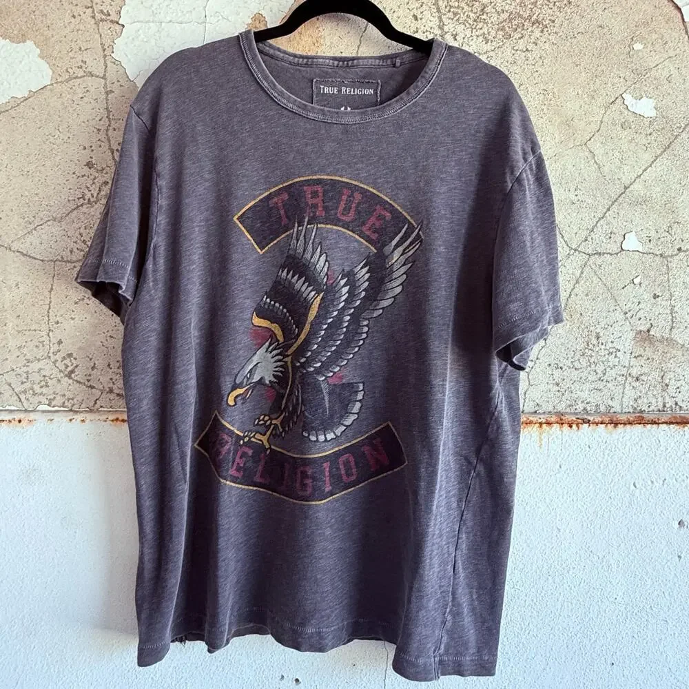 True Religion T Shirt Mens XXL Graphic Print‎ Eagle Vintage Wash Streetwear Tee